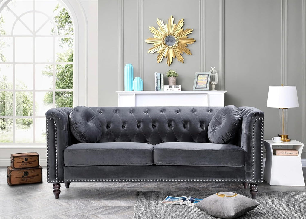 Container Furniture Direct Zenvor Velvet Chesterfield Sofa for Living Room, Apartment or Office, Mid Century Modern Couch with Diamond Tufts and Nailhead Accent, 75.98", Grey