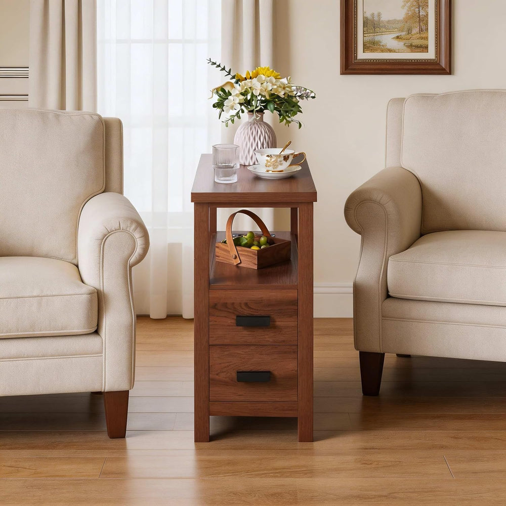 Farmhouse Side Table with Charging Station and 2 Drawers, Antique Nightstand ...