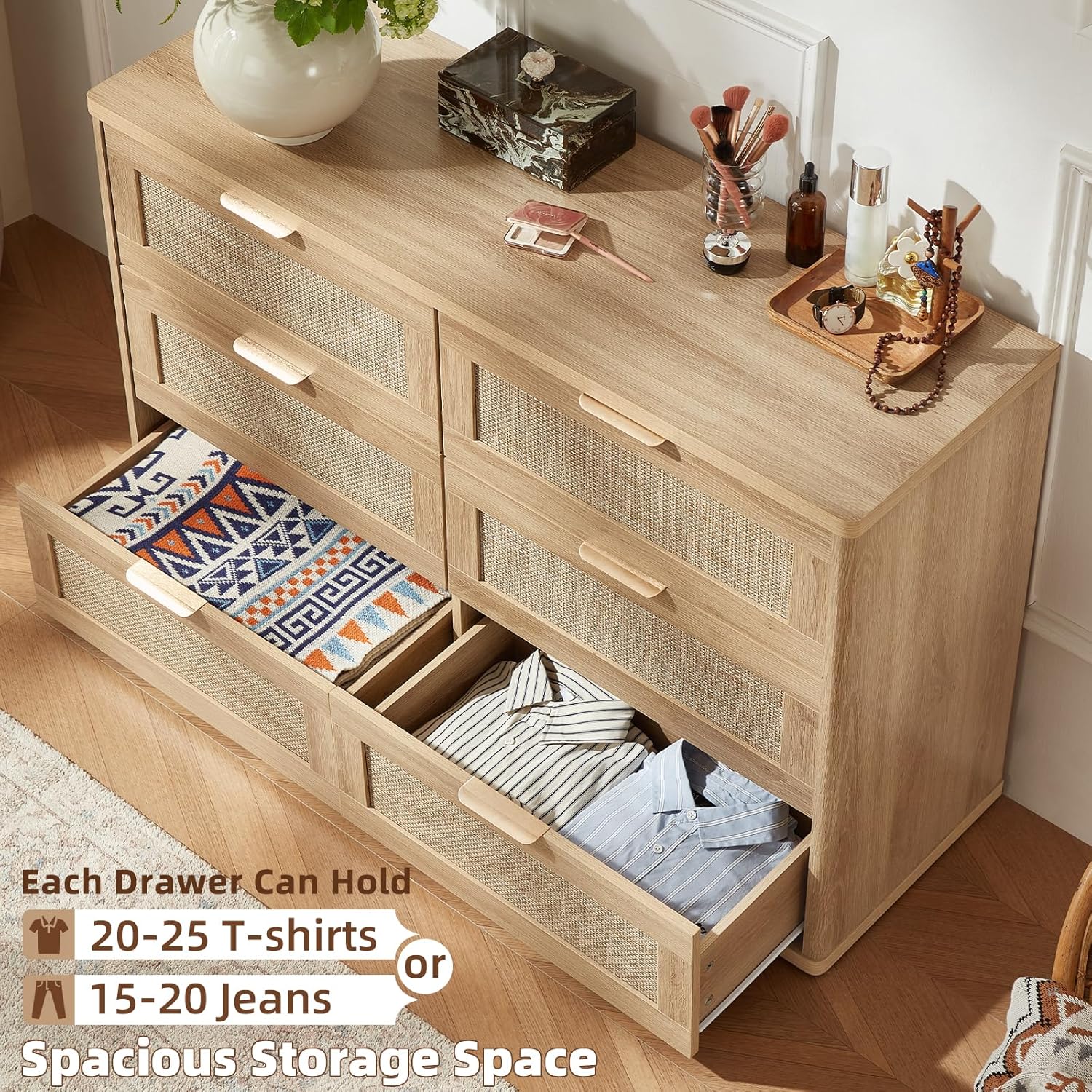 LEYAOYAO Rattan Dresser for Bedroom Set of 2, Boho 48" Wide 6 Drawer Dresser Chest of Drawers, Natural Wood Dressers TV Stand with Metal Handle, Storage Dressers Organizer for Living Room, Hallway