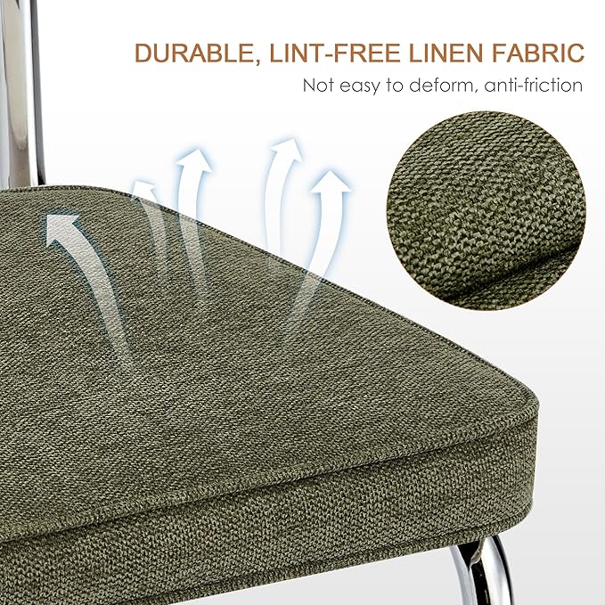 Zesthouse Natural Rattan Dining Chairs Set of 4, Mid Century Modern Dining Chairs with Solid Wood Back & Chrome Base, for Kitchen Living Room, Breuer Design Inspired, Upholstered Linen Fabric, Green
