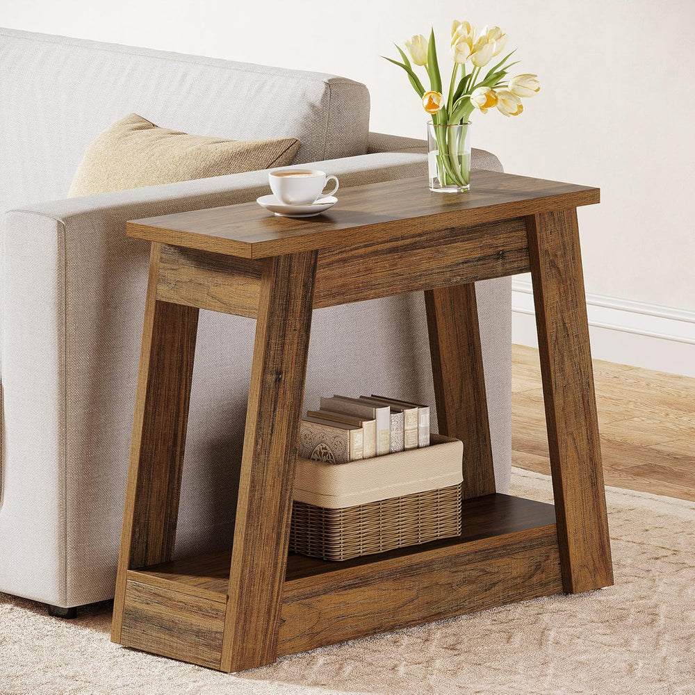 Tribesigns Wood End Table, Small Side Table with 2 Storage Shelves, Rustic Ac...