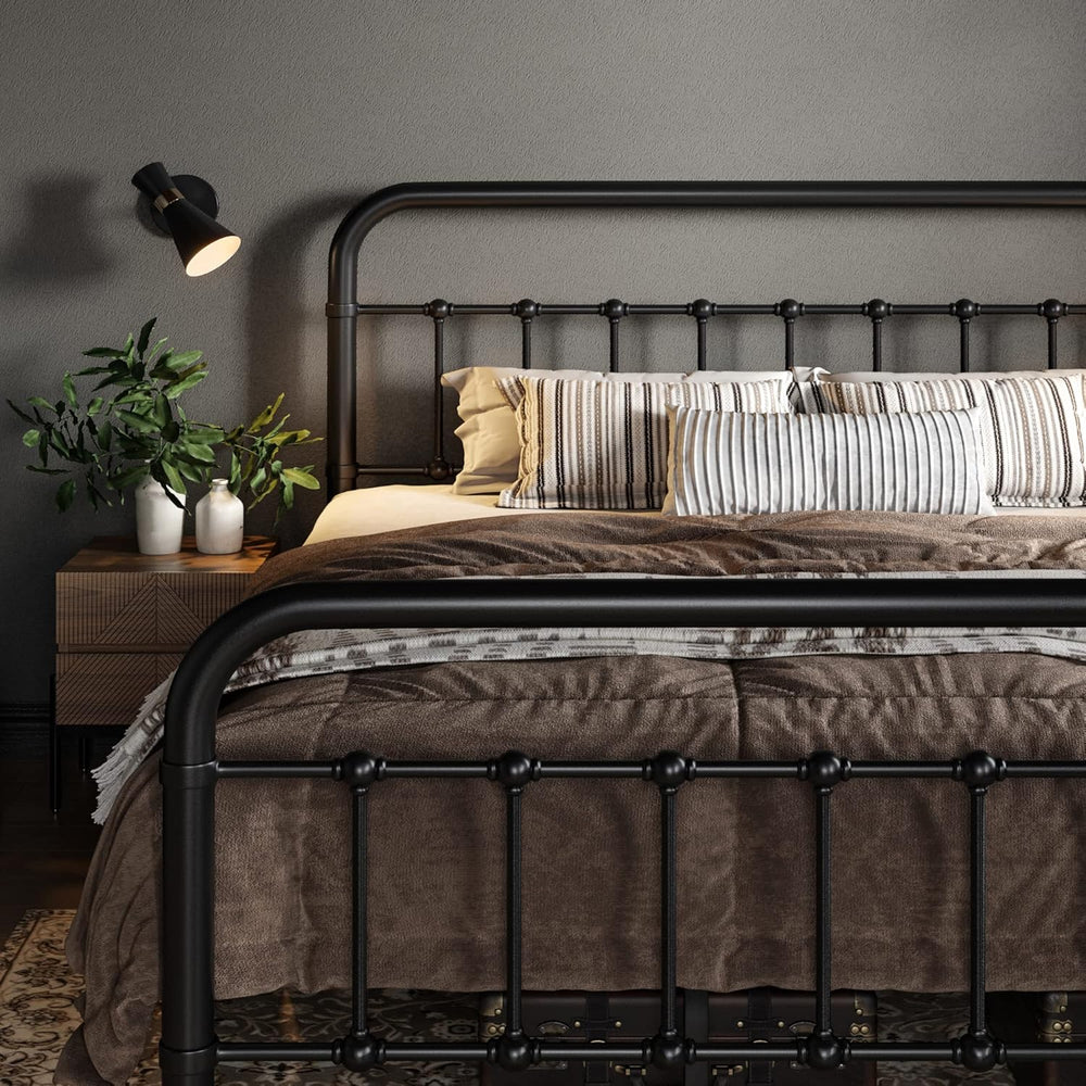 Allewie Queen Metal Bed Frame with Victorian Iron-Art Headboard, Black