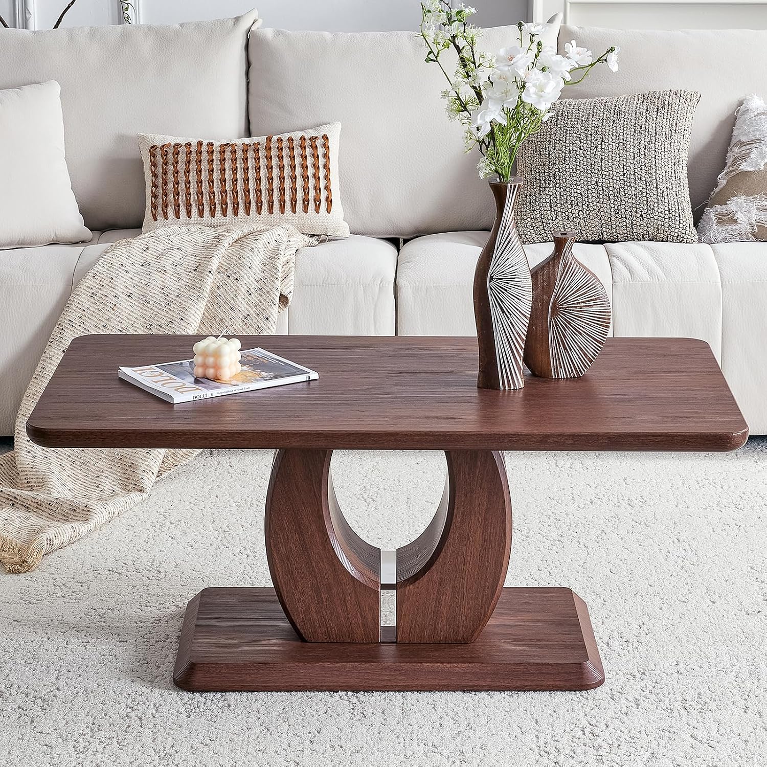 LKTART Coffee Table for Living Room, Modern Coffee Table with Storage, Rectangle Tabletop Stable Base for Dining Room Apartment Small Space (43.3''L×22.4''W-Walnut)