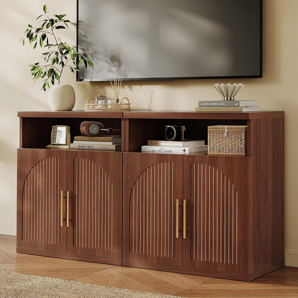 Fluted Buffet Cabinet with Storage, 31.5" Wide Wood Sideboard Credenza w...
