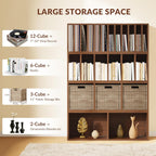 IOTXY DIY Modular Cube Bookcase - CubeXY Customizable Stackable Expandable Combination Set, 23-Cube Open Bookshelf for Books, Fabric Storage Bin, and Vinyl Record Organizer, Walnut