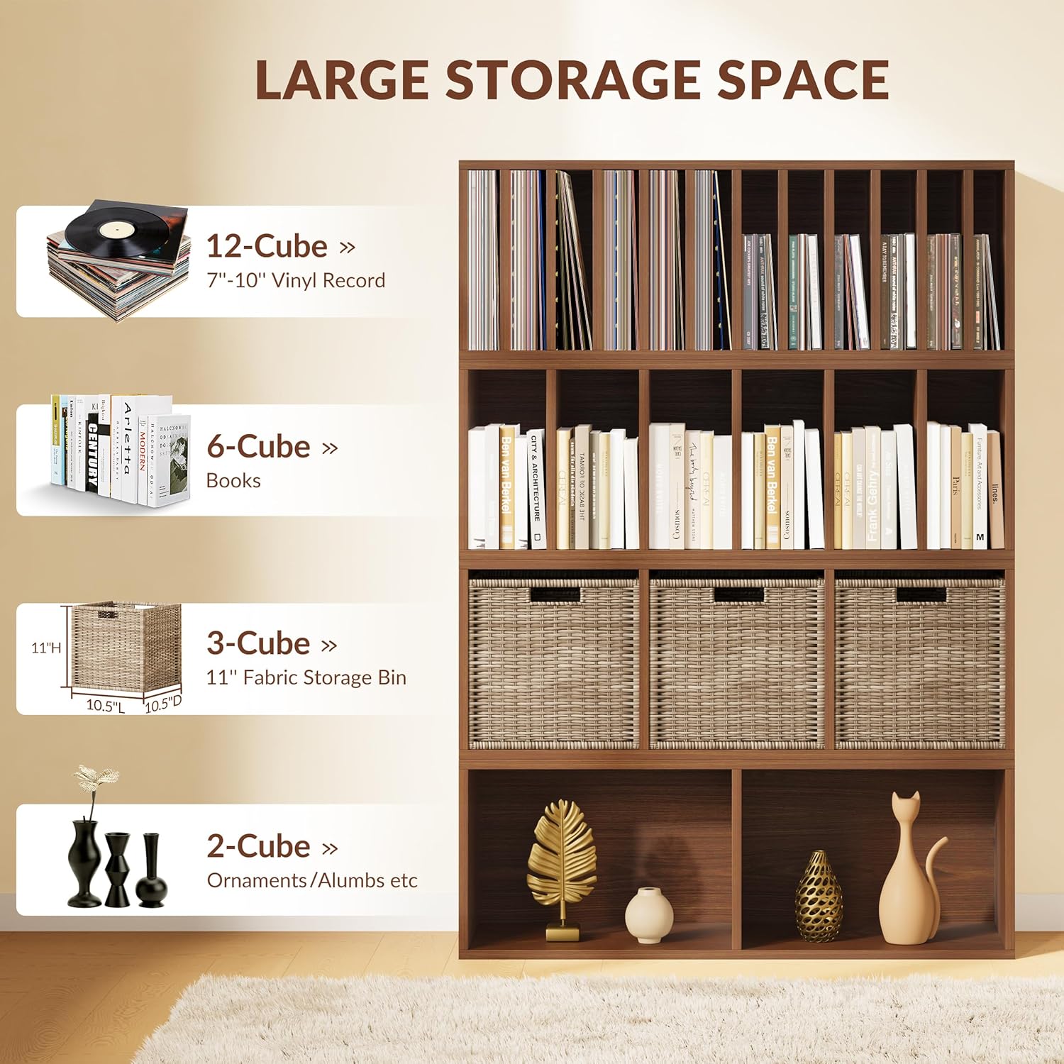 IOTXY DIY Modular Cube Bookcase - CubeXY Customizable Stackable Expandable Combination Set, 23-Cube Open Bookshelf for Books, Fabric Storage Bin, and Vinyl Record Organizer, Walnut