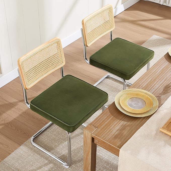 Zesthouse Natural Rattan Dining Chairs Set of 6, Olive Green Modern Kitchen Chairs with Solid Wood Back & Chrome Base, Mid Century Breuer Design Inspired, Upholstered Luxurious Velvet Fabric