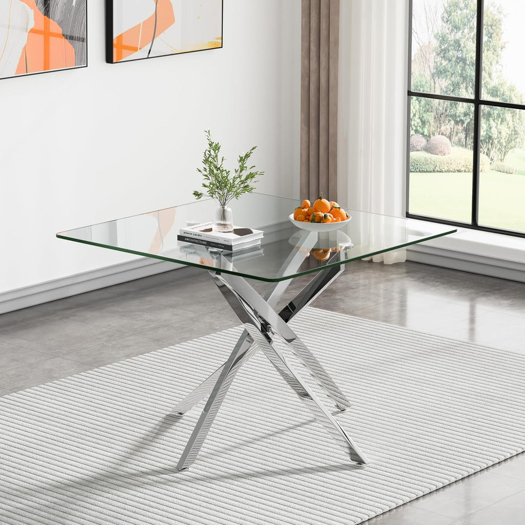 HomVent 3Pcs Square Glass Dining Table Set for 2 with 2 Grey Leather Chair | 36''Silver Glass Dining Room Table Set Kitchen Table Chair Set of 2,Dinner Table Dining Set with Glass Top for Home Kitchen