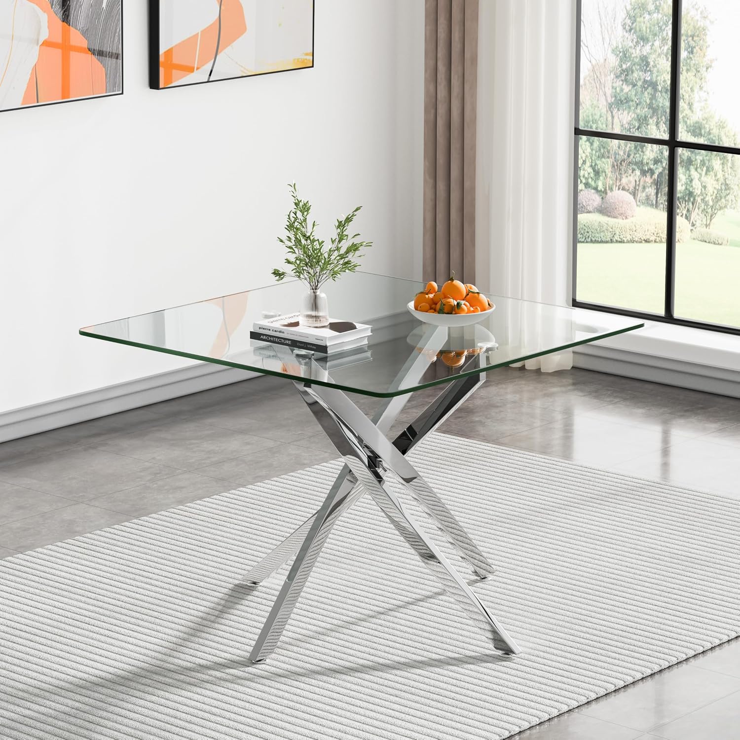 HomVent 3Pcs Square Glass Dining Table Set for 2 with 2 Grey Leather Chair | 36''Silver Glass Dining Room Table Set Kitchen Table Chair Set of 2,Dinner Table Dining Set with Glass Top for Home Kitchen