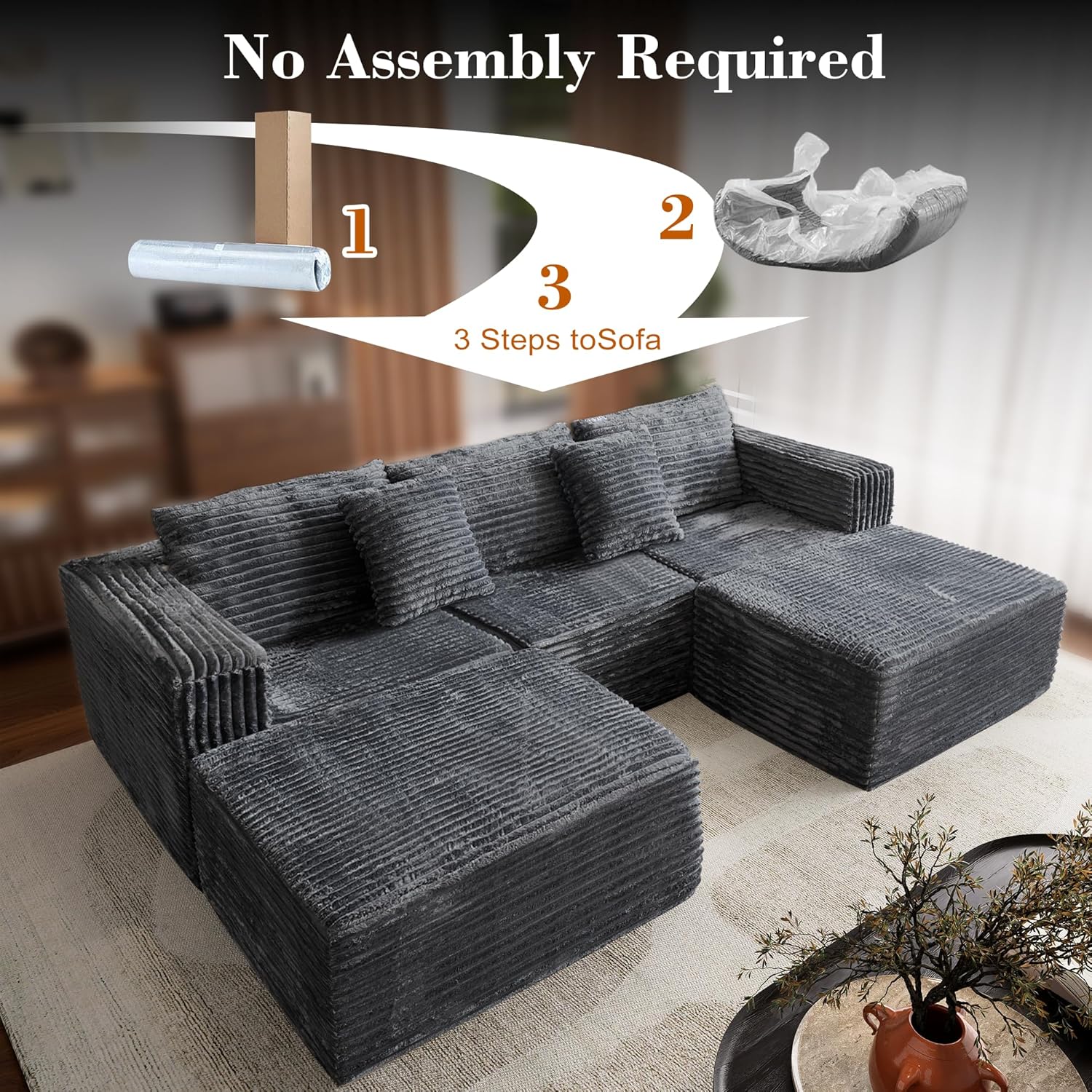 110 Corduroy Modular Sectional Boneless Sofa with 2 Ottomans, Convertible Cloud Couch with Deep Seats, Fluffy Memory Foam U Shaped Couch for Living Room, No Assembly Required (Gray)