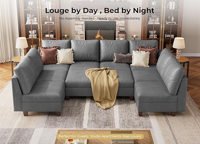 SITJOY 118" Faux Leather Modular Sectional Sofa with Storage, Mid Century Modern Sectional Couches for Living Room, Soft Padded Armrests, Oversized 10 Seat U Shaped Sofa Bed with Chaise, Gray