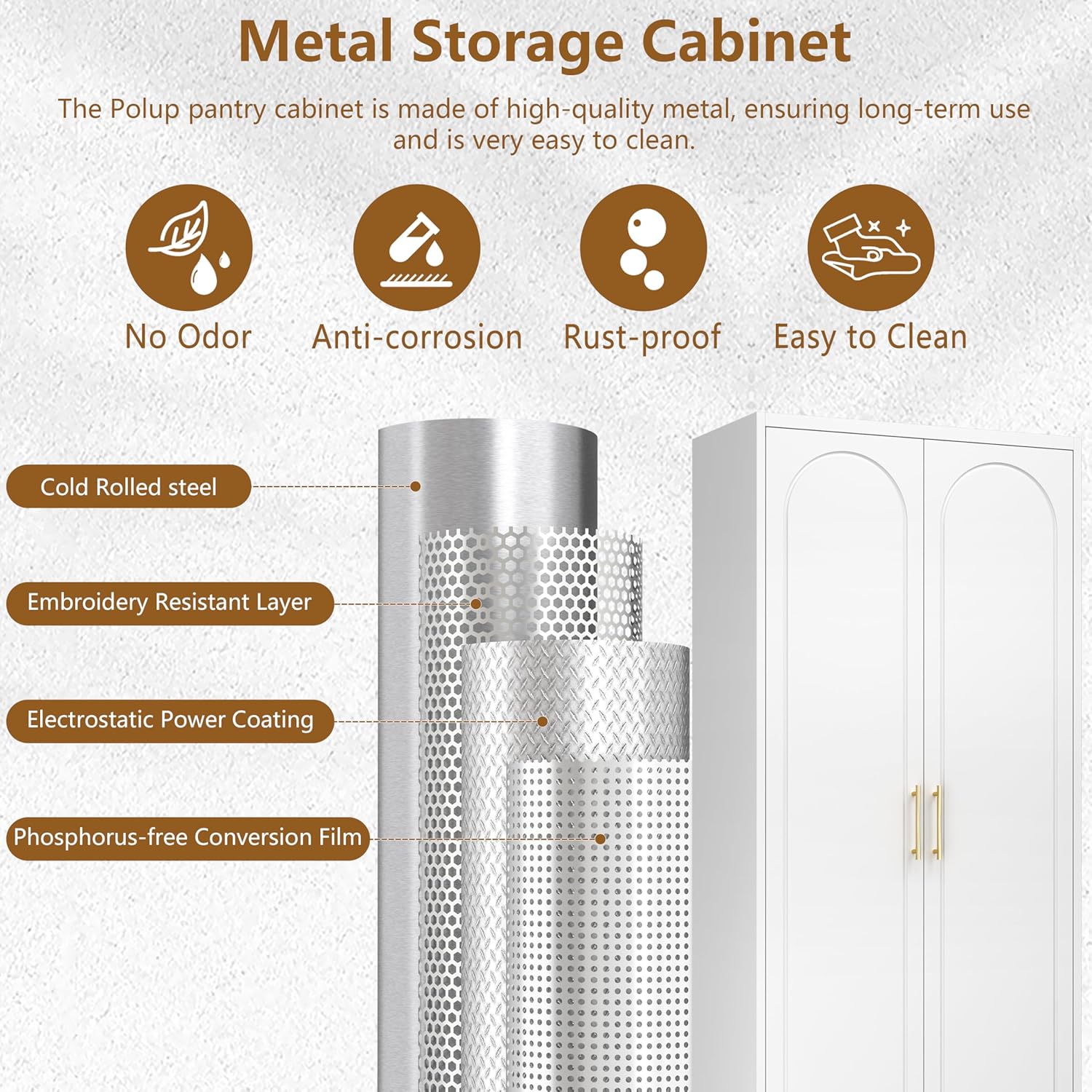 Polup 75" Tall Metal Kitchen Pantry Storage Cabinet with Doors and Shelves | White Freestanding Cupboard, 5-Tier Heavy Duty, 4 Adjustable Shelving, Gold Handles, for Garage, Dining Living Room, Office