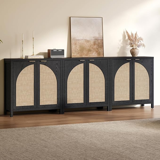 SICOTAS 68" W Rattan Sideboard Buffet Cabinet with Storage Set of 2, Modern Credenza with Arch Doors & Shelves, Boho Coffee Bar Media Console Cabinets for Kitchen, Living Room, Entryway, Black