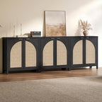 SICOTAS 68" W Rattan Sideboard Buffet Cabinet with Storage Set of 2, Modern Credenza with Arch Doors & Shelves, Boho Coffee Bar Media Console Cabinets for Kitchen, Living Room, Entryway, Black