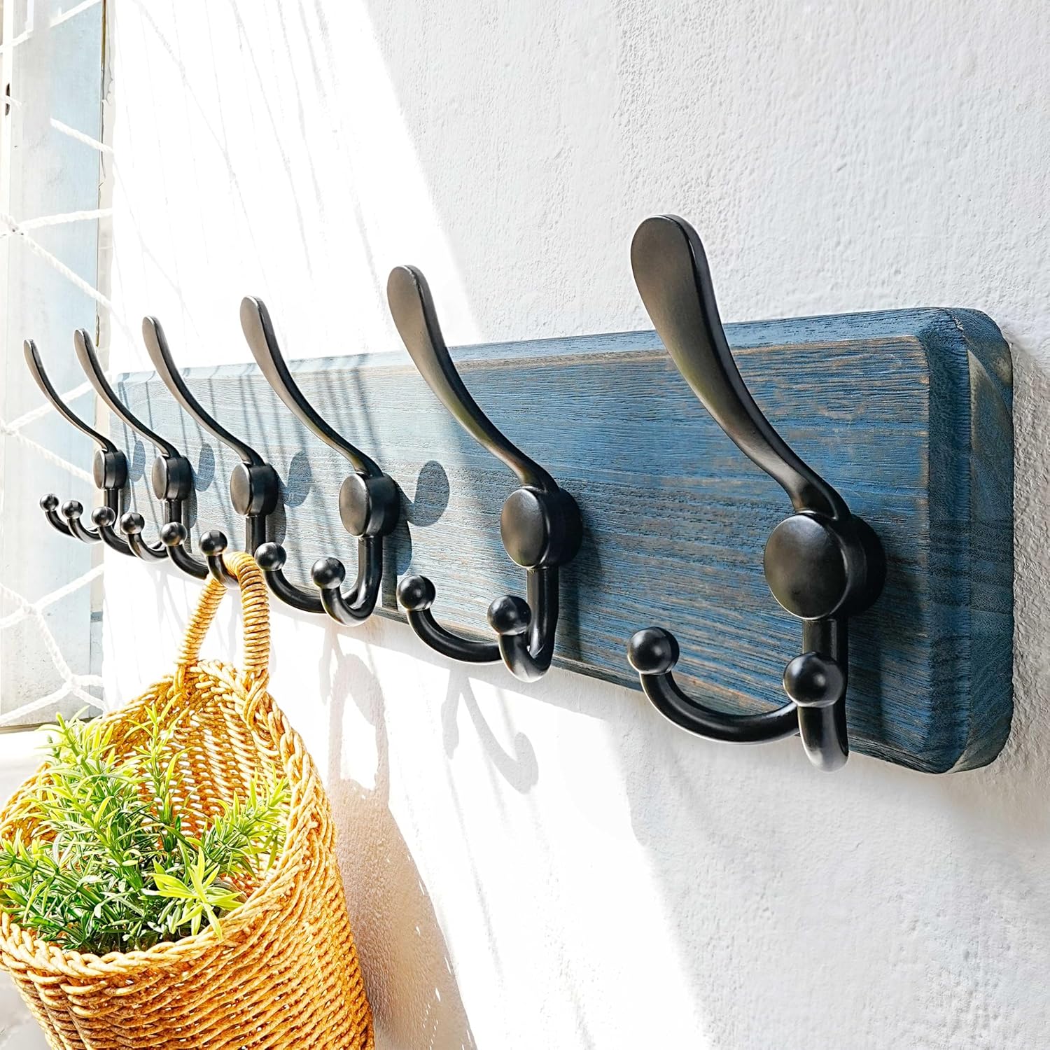 Dseap Coat Rack Wall Mounted - 24" Long 6 Tri Hooks, Heavy Duty Wooden Wall Coat Hanger Coat Hook for Clothes Hat Jacket Clothing, Weathered Blue and Black, Pack of 2