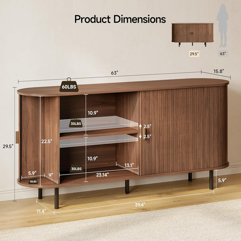 Buffet Sideboard Cabinet with Storage, 63" Fluted Cabinet with Sliding D...