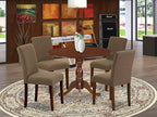 East West Furniture DMAB5-MAH-18 5 Piece Modern Dining Table Set Includes a Round Wooden Table with Dropleaf and 4 Coffee Linen Fabric Upholstered Chairs, 42x42 Inch, Mahogany