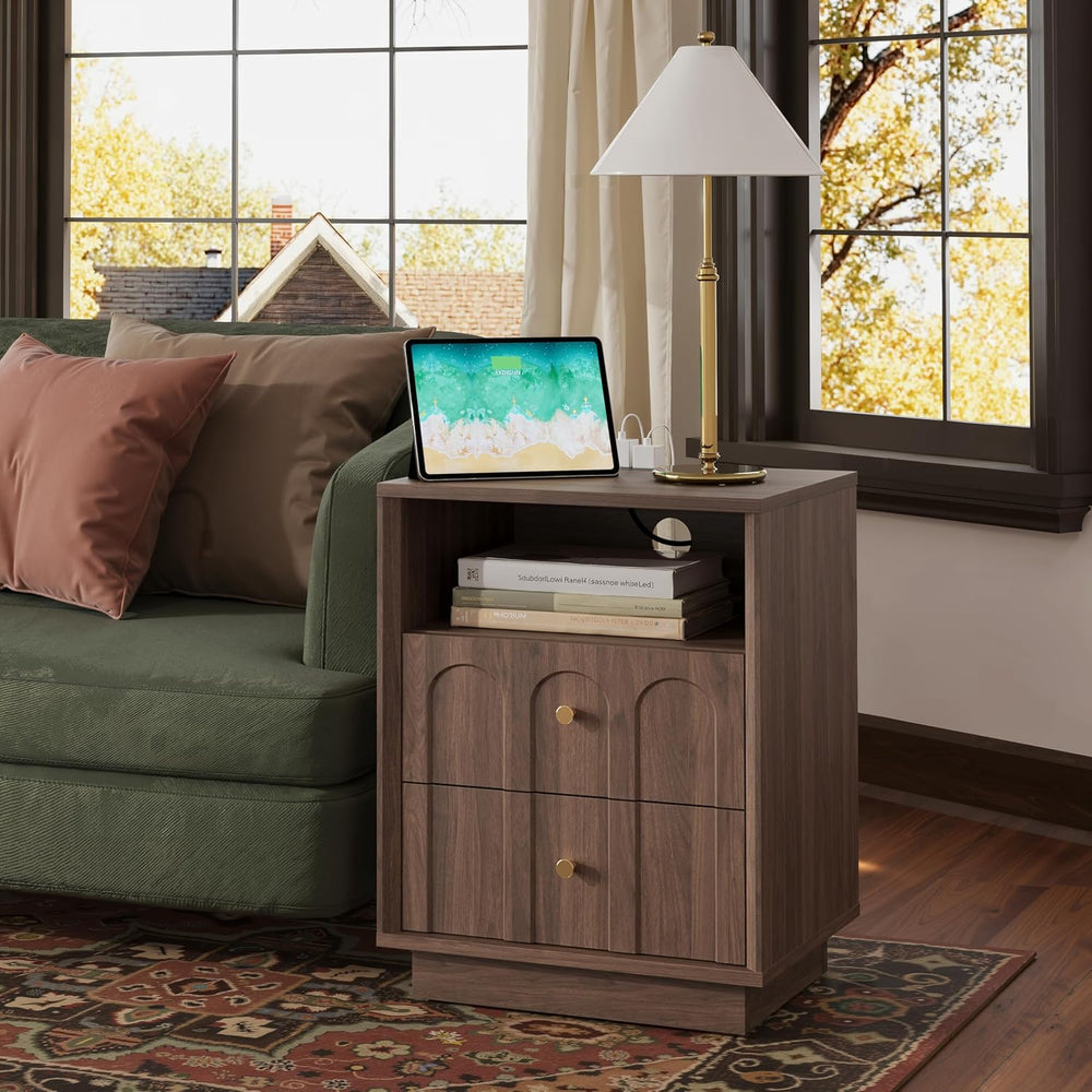 FORTUNETEC 17.7" Nightstand with Charging Station, Arched Design, Walnut