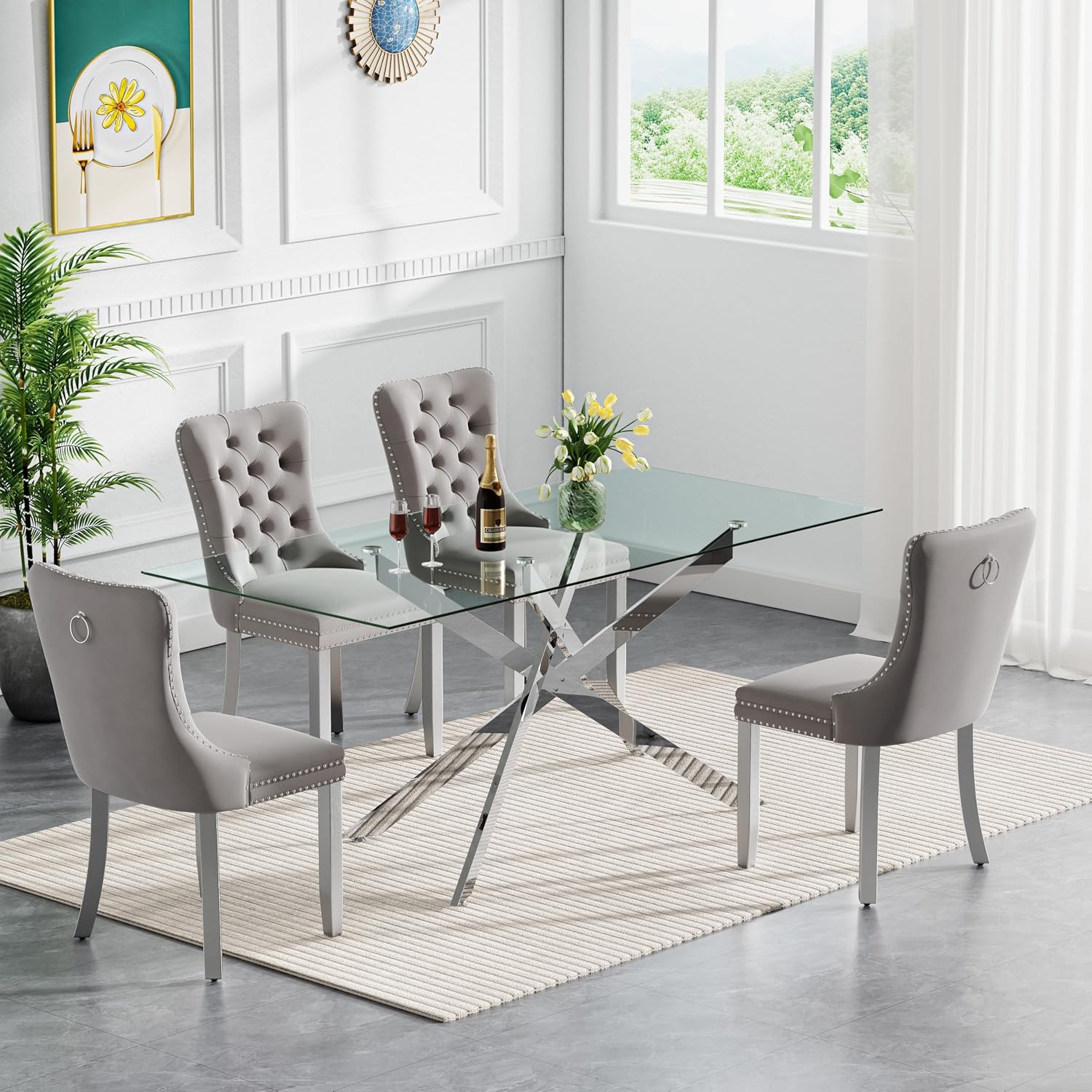 52'' 5 Piece Rectangular Glass Dining Table Set for 4 | Tempered Glass Dinner Table Set for 4 Kitchen Table Set with 4 Velvet Upholstered Chairs for Kitchen Dining Room