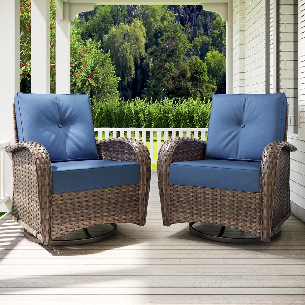 PHI VILLA Wicker Patio Chairs, Outdoor Swivel Glider Chairs Set of 2 | 2 Piece PE Rattan Wicker Patio Furniture Set with Cushions for Porch Deck Balcony