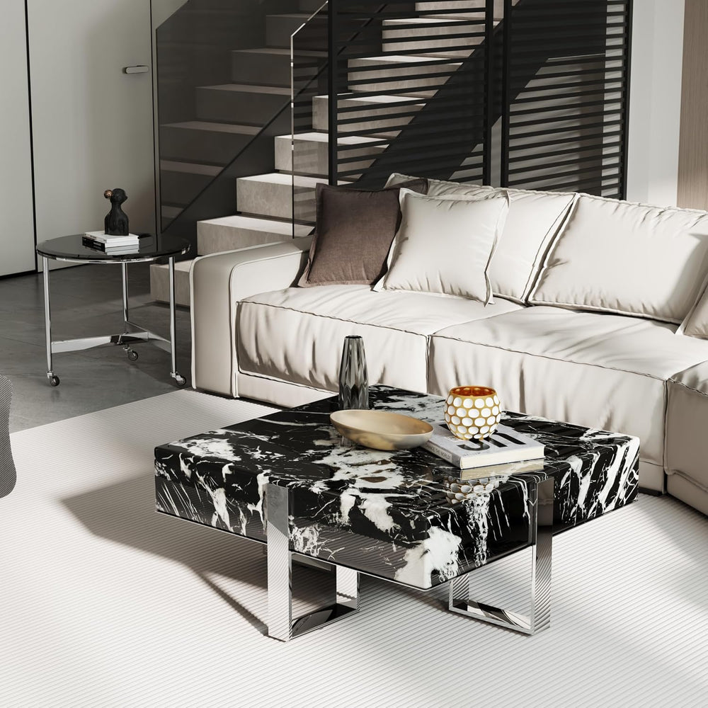 BQueen Modern 2-Piece Luxury Coffee Table Set, Square Black Faux Marble Coffe...