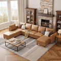 SITJOY 145" Faux Leather Modular Sectional Sofa with Storage, Mid Century Modern Sectional Couches for Living Room, Soft Padded Armrests, 8 Seat U Shaped Sectional Couch with Chaise, Brown