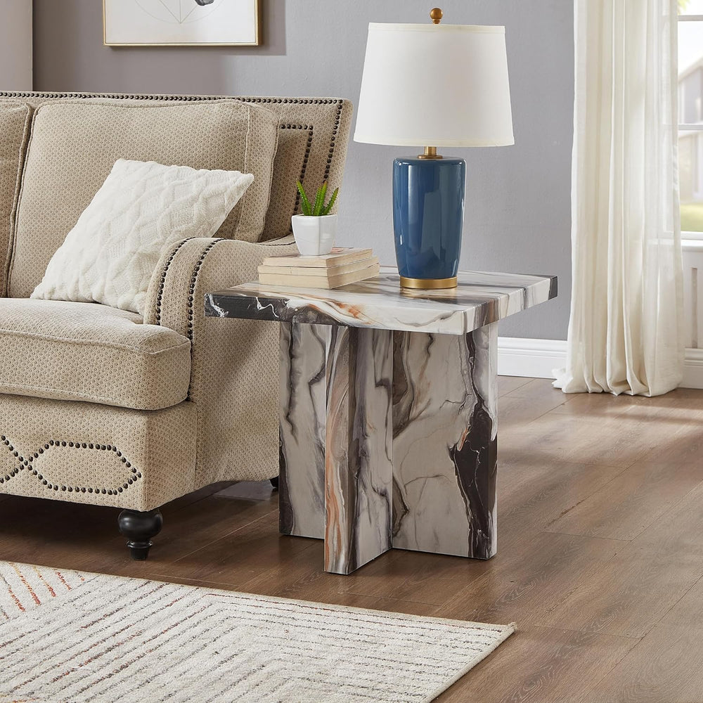 Roundhill Furniture Cavira Modern Faux Marble Living Room Side Table, Off-White