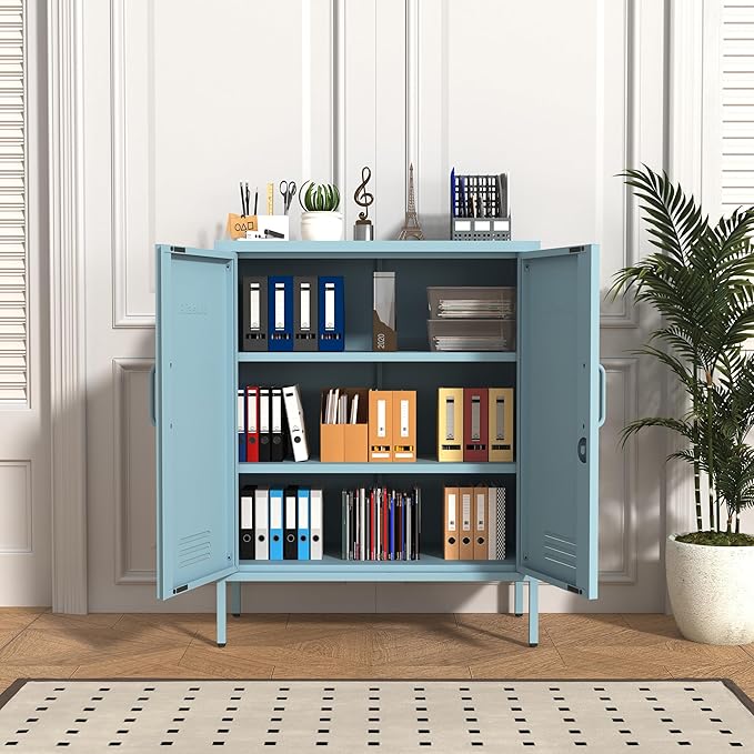 Wide Multipurpose Metal Storage Cabinet with Lockable Design & 2 Adjustable Partitions, Thickened Steel & Sturdy Construction for Home, Living Room & Office Blue 33" H X 29.5" W X 13.8" D