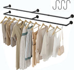 Industrial Pipe Clothes Rack with 3 S-shaped Hooks, 72’'L Wall Mounted Garment Rack, Heavy Duty Iron Garment Bar, Clothes Hanging Rod Bar for Laundry Room, Max Load 135Lb Black (2 Package)