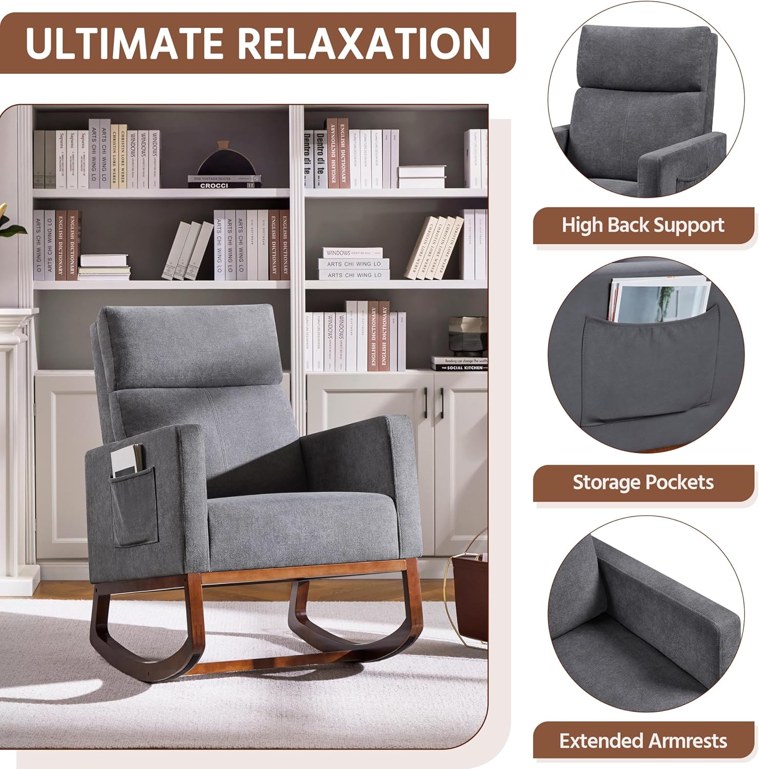 Yaheetech Rocking Chair, Upholstered Glider Chair with Side Pocket, Nursery Chair with High Backrest and Rubber Wood Legs, Rocking Accent Armchair for Living Room Bedroom Nursery, Gray