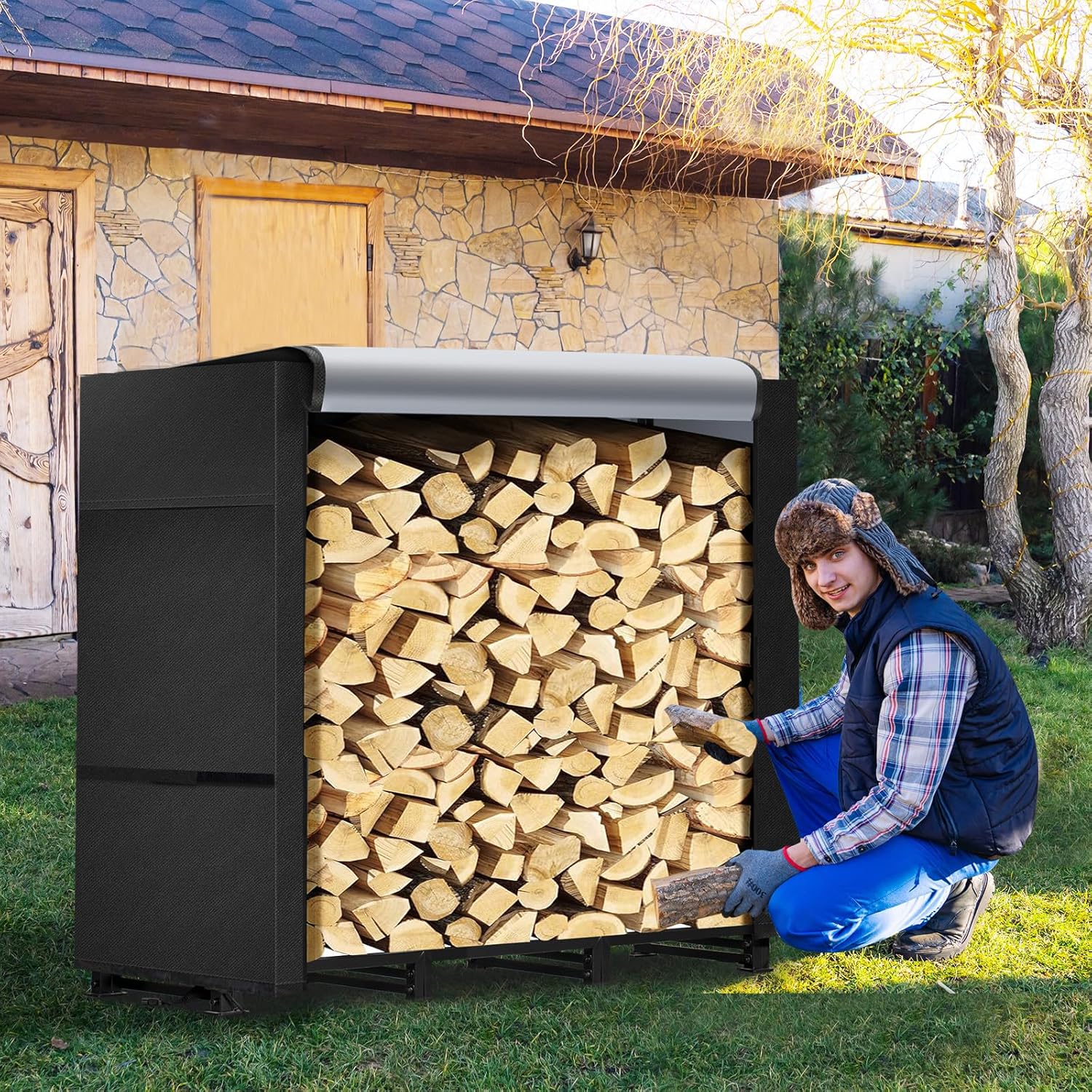 4ft Firewood Rack Outdoor with Waterproof Widened Cover, Heavy Duty Firewood Holder includes Carrier Bag, Powder-coated Wood Rack with Hooks, Firewood Storage Rack for Fireplace Deck Patio