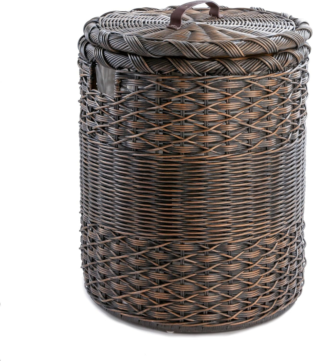 The Basket Lady Round Wicker Laundry Hamper, Extra Large, 23 in Dia x 28 in H, Antique Walnut Brown