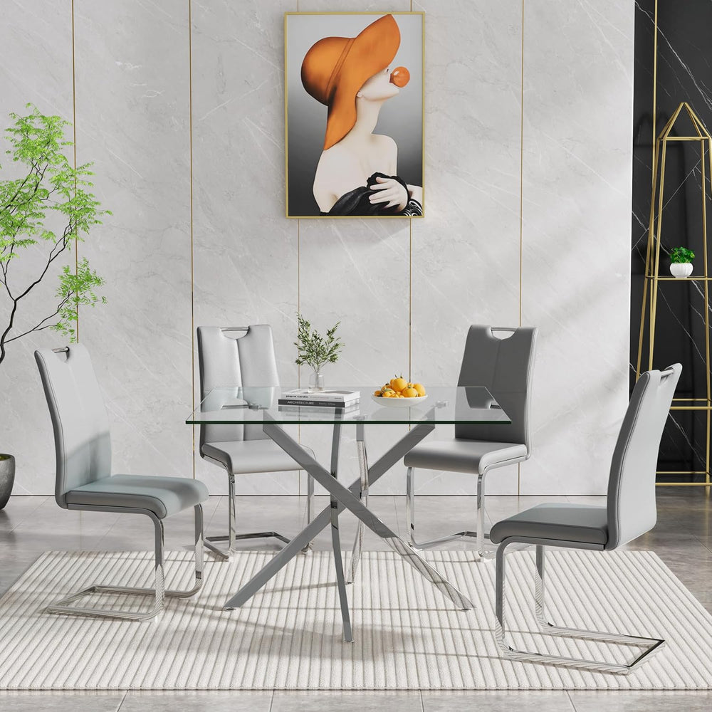 5-Piece Dining Room Table Set, Modern 36" Square Silver Glass Dining Tab...