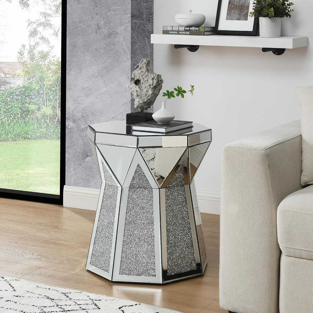 Silver Mirrored 3 Piece Living Room Table Set, Modern 2 Tier Rectangle Center...