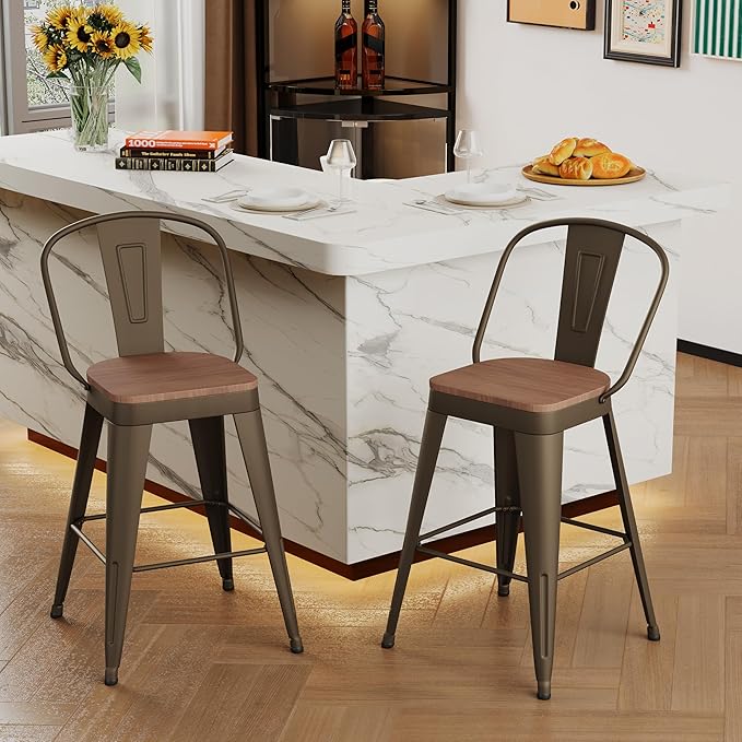 Andeworld Metal Bar Stools Set of 2, 26 inch Counter Height Barstools with Ba...