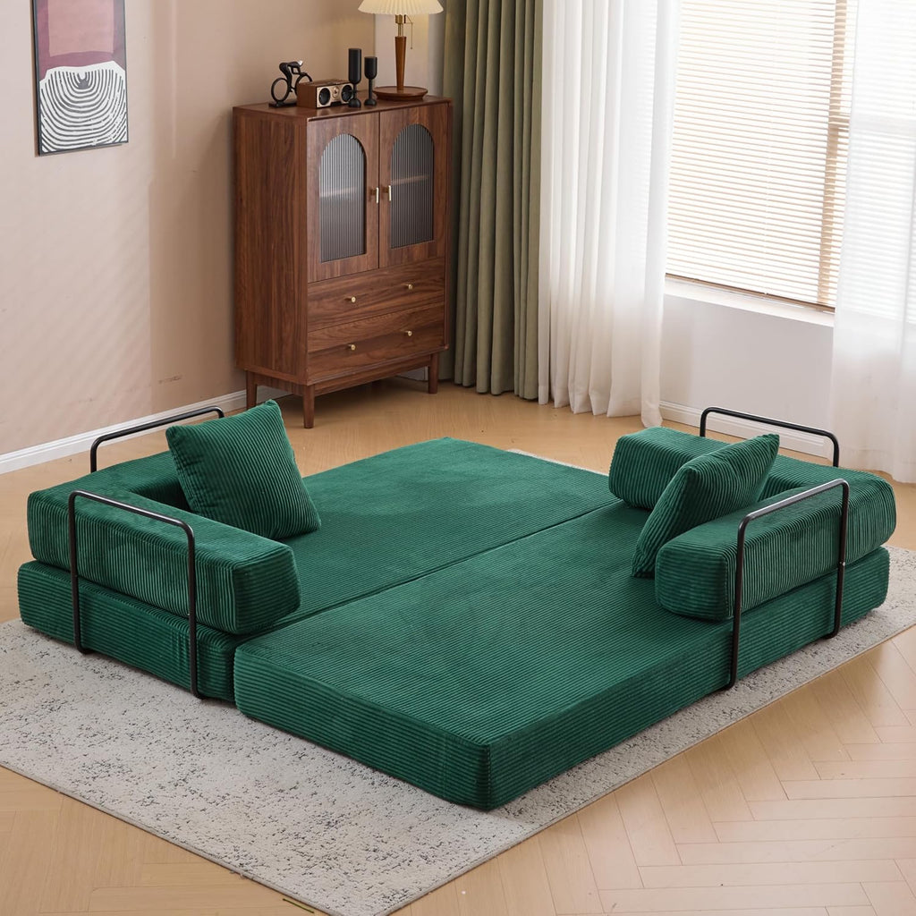 ZEIINPA Convertible Floor Sofa Bed with Fixed-Shape Frame, Modular Corduroy Folding Mattress Couch with Armrest, Floor Sofa Lounge Couch for Living Room Bedroom Lounge Studio,Emerald Green