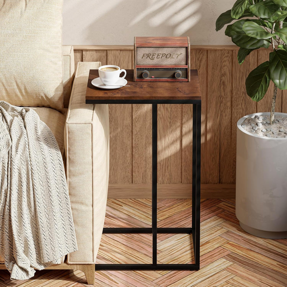 COZAYH Farmhouse C Shaped Couch End Table with Burl Finish Tray Top, Small Sn...