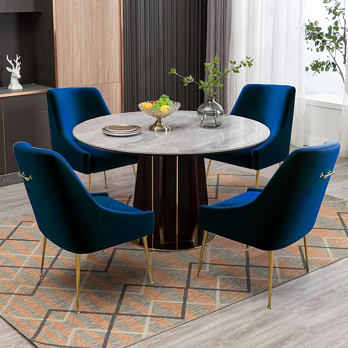 Modern Velvet Dining Chairs Set of 4, Contemporary Upholstered Furniture Collection with Polished Gold Metal Legs, Elegant Accent Chairs for Kitchen Living Room(Blue)
