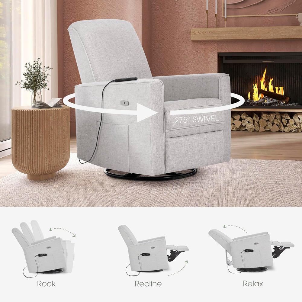 Evolur Harlow Power Glider Recliner, USB Charging, 275° Swivel, Fog Grey