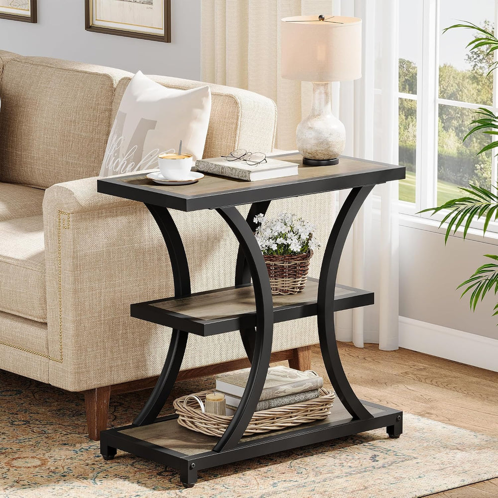 Tribesigns End Table with Storage, 3-Tier Side Table with Geometric Metal Des...