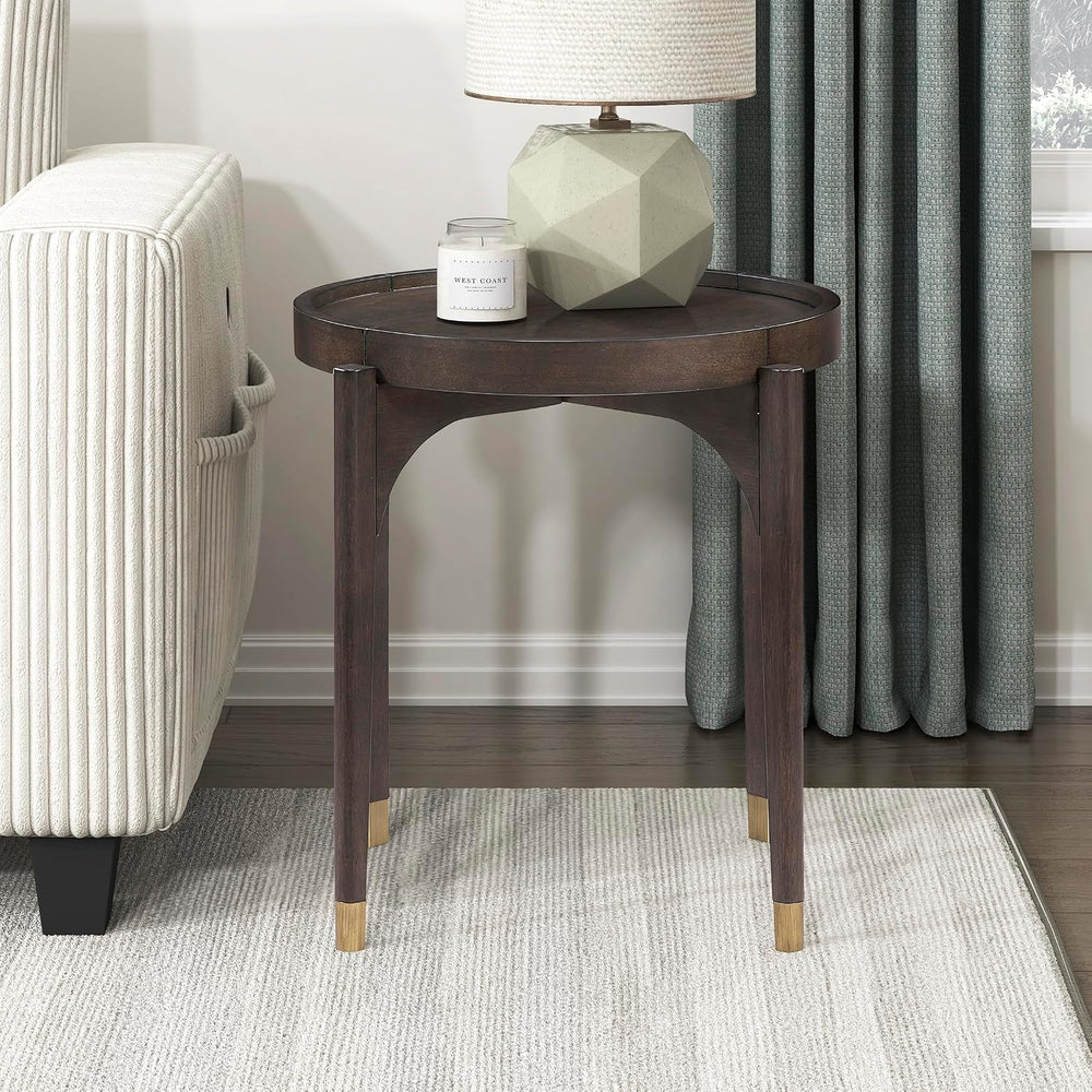 Lexicon Wood Round End Table with Gold Metal Cap, 36" Dia. Mid Century M...