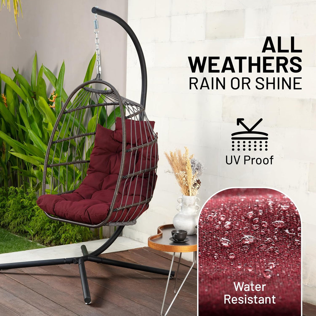 SereneLife Hanging Egg Chair w/Stand - Wicker Rattan Swing, Padded Cushion | Foldable Design, Weather-Resistant Cushion & Padded Headrest Included, 350 lb Capacity, Great for Patio, Backyard & Bedroom.