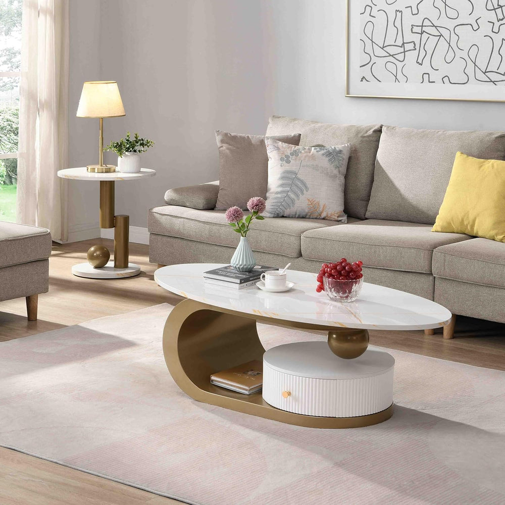Modern Nesting Coffee Table Set of 2, Oval and Round Coffee Table Set for Liv...