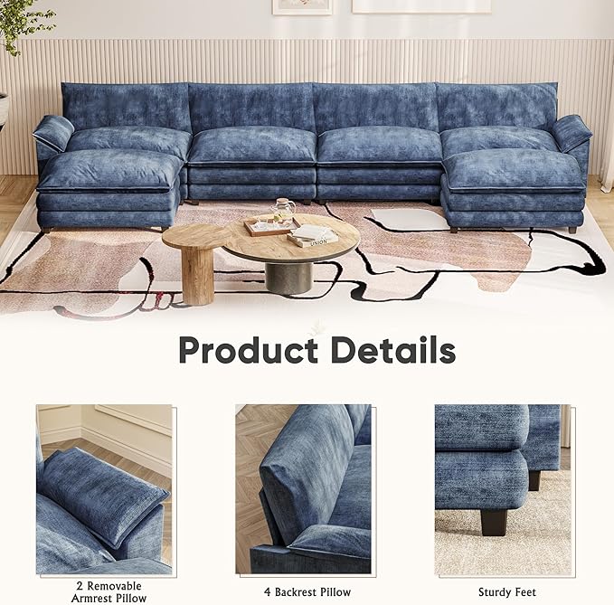 Furniwell 159" Modern Couches Sectional Sofa with Movable Ottoman, U Shaped Sofa Couch with Comfy Chenille and Deep Seat, 4-Seat Cloud Couch for Living Room, Bedroom and Apartment