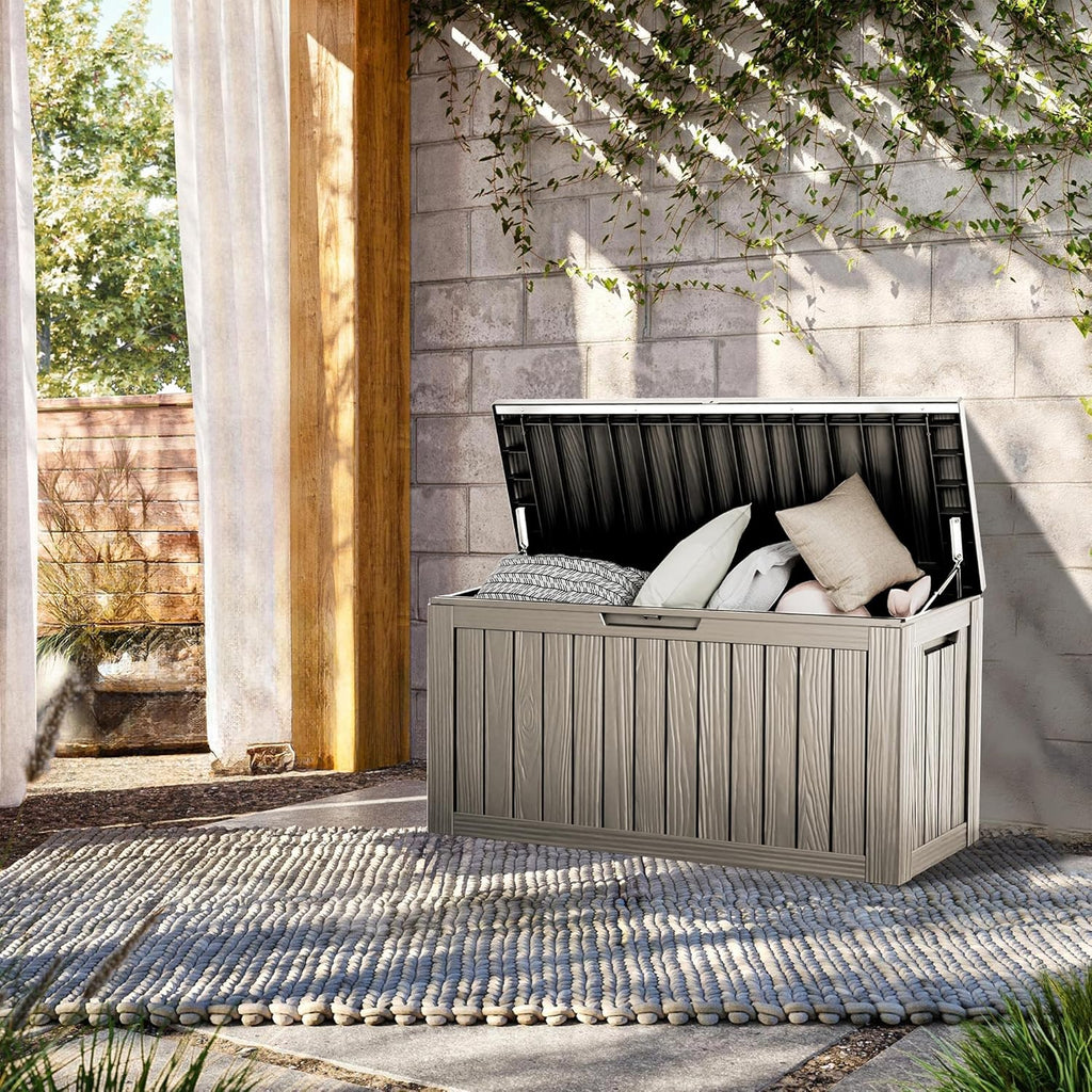 TARKARI 80 Gallon Lockable Resin Deck Box, Waterproof & UV-Resistant Outdoor Storage Box for Outdoor Cushion Storage, Garden Tools & Pool Accessories Storage, Coffee
