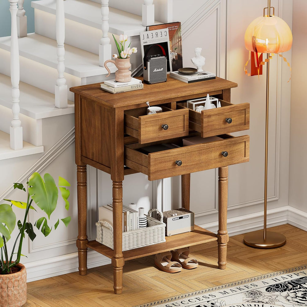 LKTART Small Solid Wood Sofa Table,Console Table with Drawers and Bottom Shel...