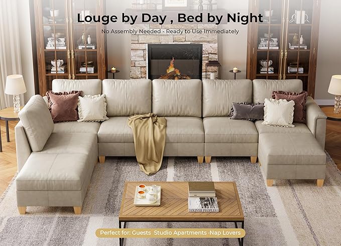 SITJOY 145" Faux Leather Modular Sectional Sofa with Storage, Mid Century Modern Sectional Couches for Living Room, Soft Padded Armrests, 8 Seat U Shaped Sectional Couch with Chaise, Greige