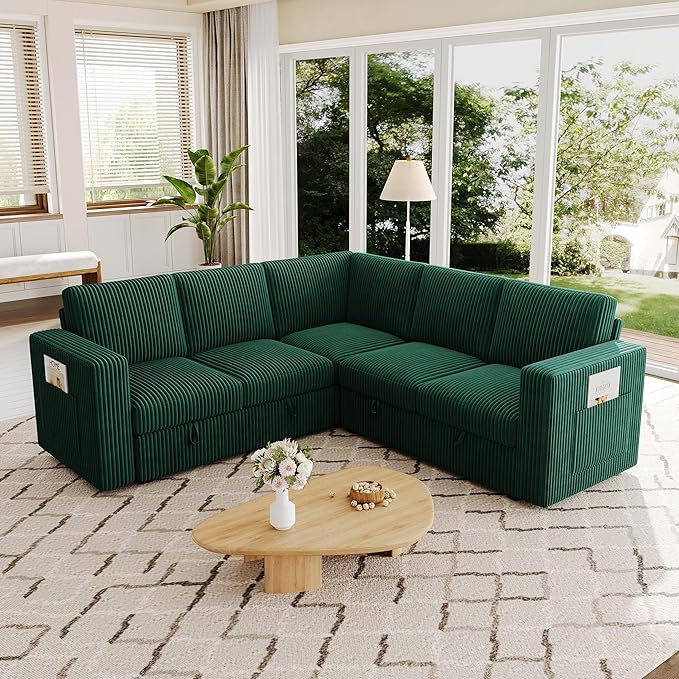 83.5" Sectional Sleeper Sofa with Pull Out Couch, Modern 5 Seat L Shaped Modular Couch,Green Sectionals Modular Sofa with Storage, Comfy Corduroy Couches Sectional for Living Room & Apartment