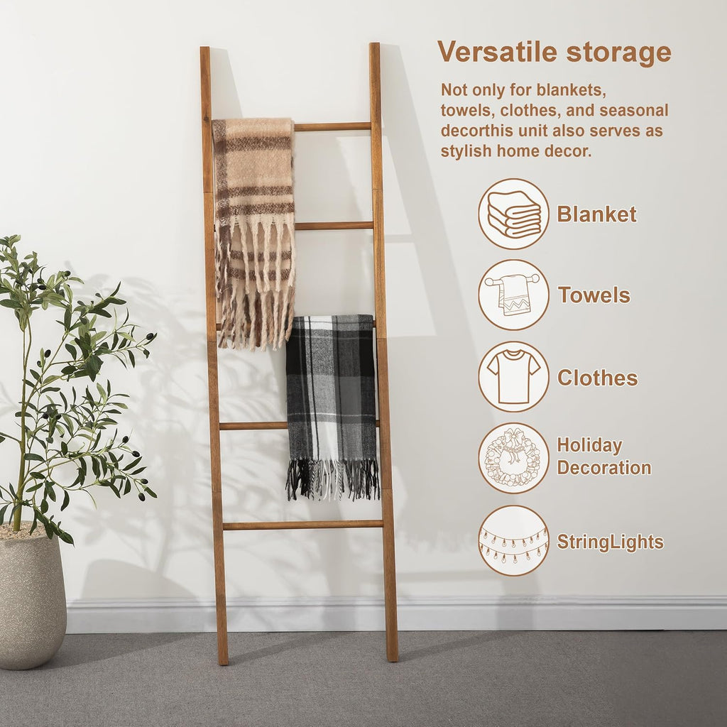 Acacia Wood Blanket Ladder, 6-Tier Wooden Blankets Holder for Living Room, Decorative Rack for Storage, Rustic Shelf for Farmhouse Bathroom - Light Natural