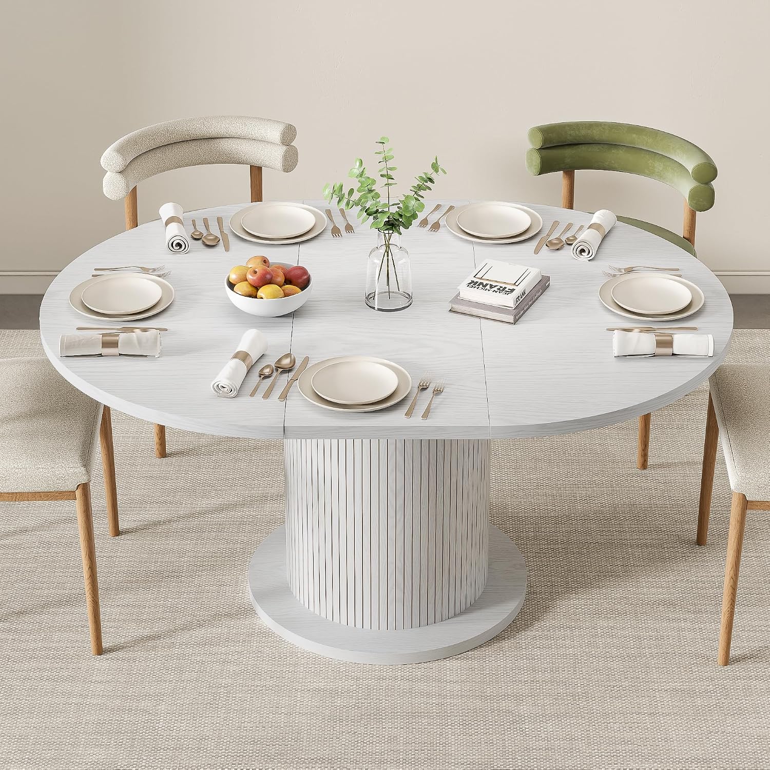 43.3 inch 59 inch Adjustable Size Round Dining Table for 4 6, Unique Design Modern Farmhouse Kitchen Table, Circle Dining Tables with Wood Strip Base for Kitchen Living Room (White)